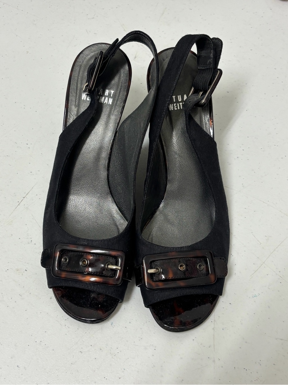 Stuart Weitzman Black Slingback Peep-Toe Buckle Sandals